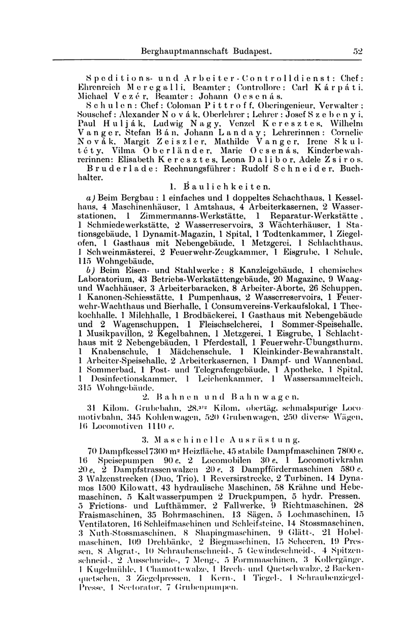 Bergh auptmannschaft Budapest. S p e d i t i o n s- u n d A rbei 1 e r - (J o n t r o 11 d i e n s t : Chef : Ehrenreich M e r e g a 1 1 i, Beamter ; Controllore : Carl Kárpát i. Michael V e z é r.
