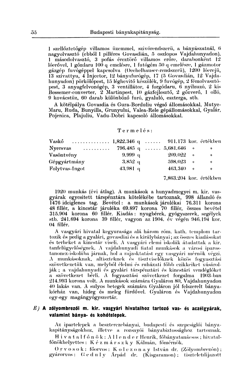 55 Budapesti bányakapitányság. 1 szel 16/te tógép villamos üzemmel, szivórendszerii, a bányászatnál, 0 nagyolvasztó (ebből 1 pilléres Govasdián, 5 oszlopos Vajdaluinyadon).