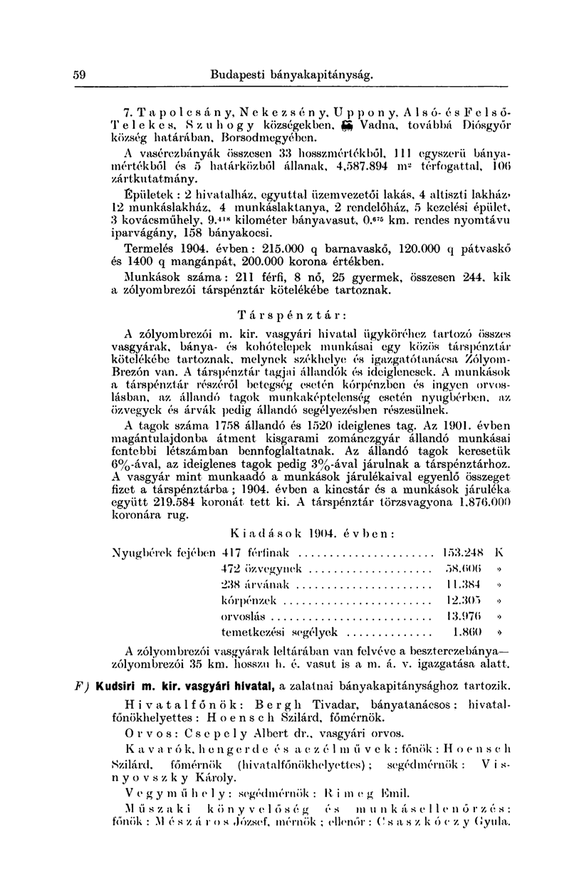59 Budapesti bányakapitányság. 7. T a p o 1 c s á n y, N e k e z s é n y, U p p o n y. A 1 s ó- é s F e 1 s ő- T e 1 e k e s, S z u h o g y községekben. Vadna, továbbá Diósgyőr község határában.