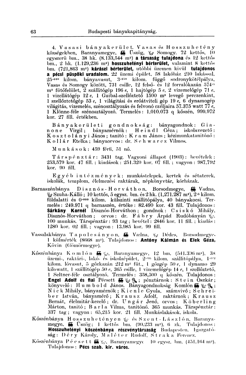 63 B udapesti bányakapi tányság. 4. V a s a s i b á n y a k e r ii 1 c t. V a s a s és H ossz u h e t é n v községekben, Baranyamegye, 4Ä üszög, Somogy. 72 kettős, 10 egyszerű bm., 38 hk. (8.