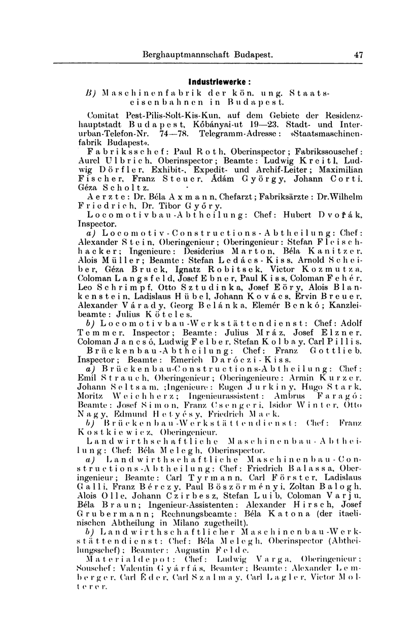 Bergh auptmannschaft Budapest. 48 Industriewerke: H) M a sch i n e n f a b r i k der k ö n. u n g. S t a a t s- e i s e n b a h n e n i n B u d a j) c s t.