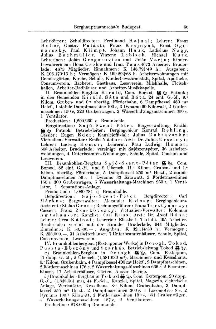 Berghauptmannscha t Budapest, 00 Lehrkörper: Schuklirector: Ferdinand Hajnal; Lehrer: Franz Hube r, Gustav Palást i, Franz Kraj nyák, Ernst Ogonovszky, Paul K1 i m p t, Johann Hauk, Ladislaus Nagy,