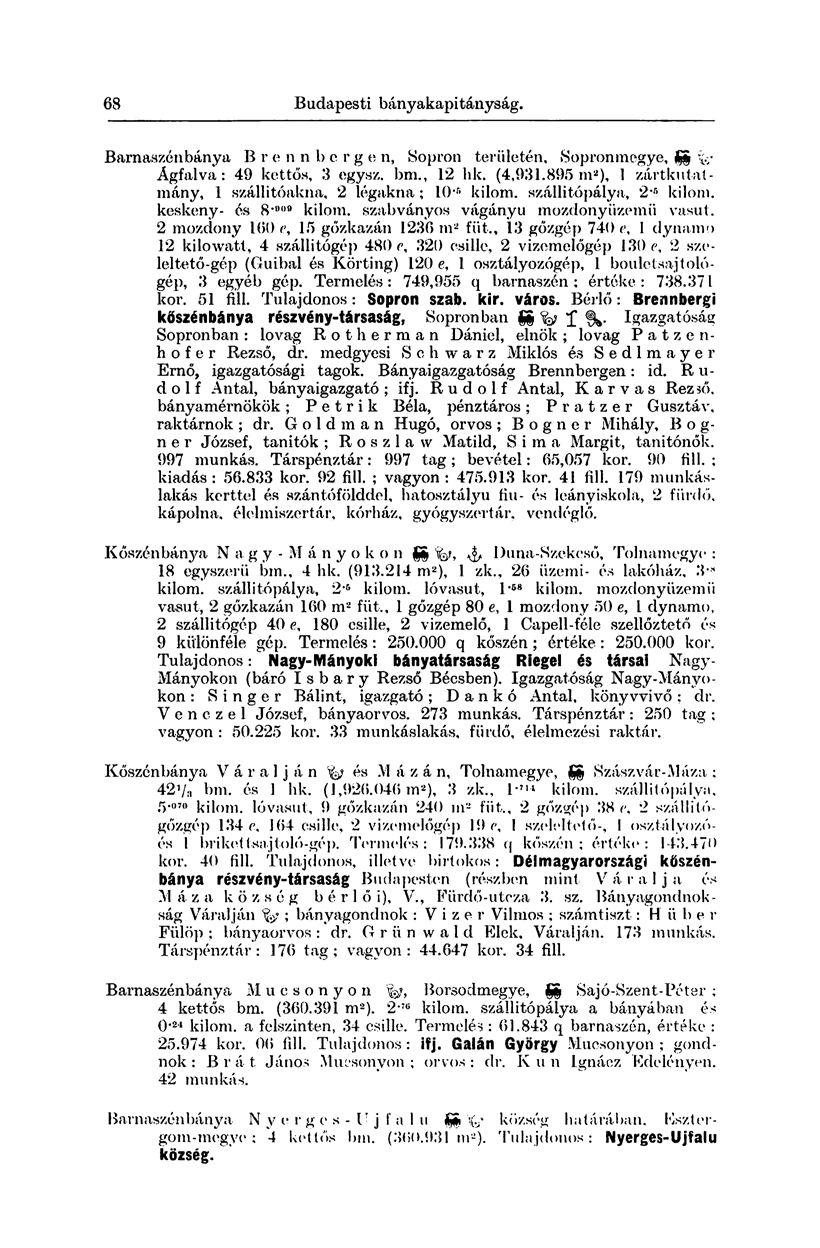 68 Budapesti bányakapitányság. Barnaszénbánya B r e n n berg e n, Sopron területén. Sopronmegye, SS Ágfalva: 49 kettős, 3 egysz. bm., 12 hk. (4,931.