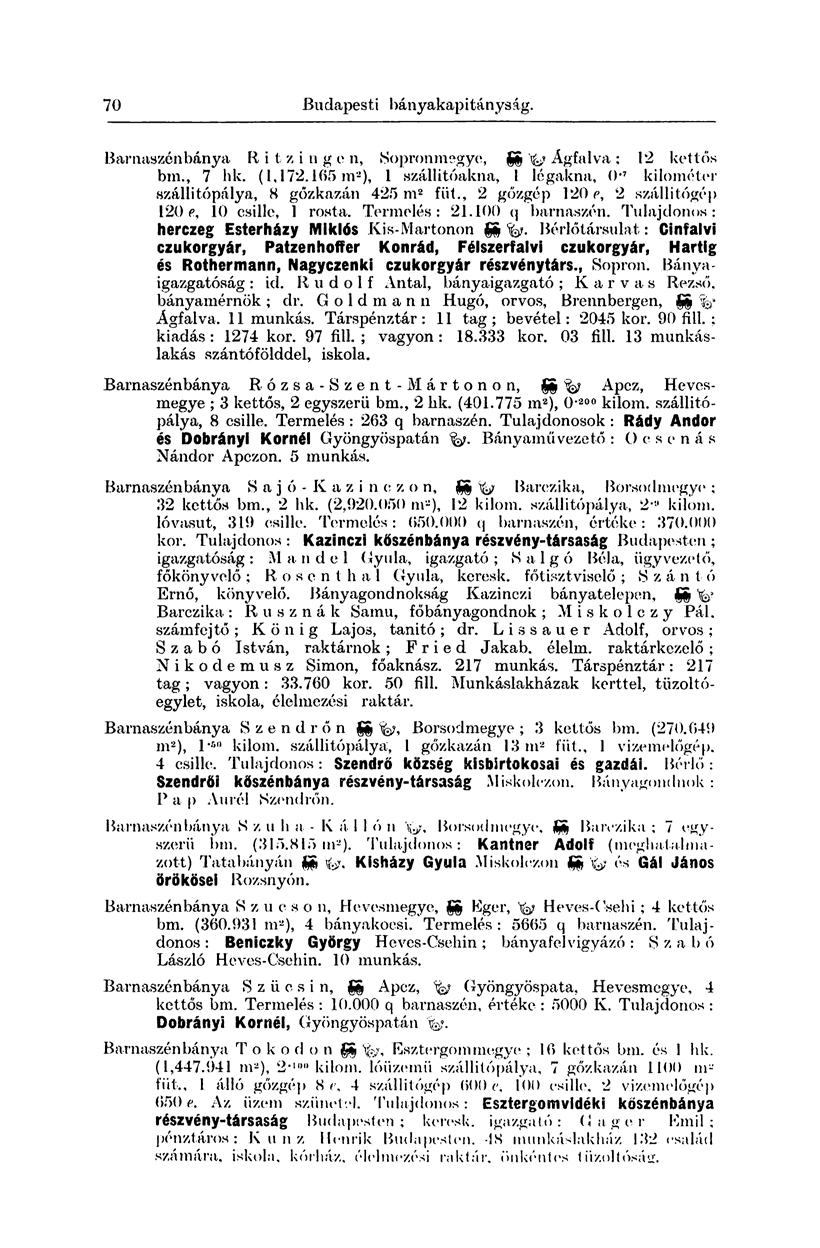 70 Budapesti bányakapitányság. Barnaszén bánya R i t z i n g e n, Sopronmegye, ^ Ágfalva ; 12 kettős bin., 7 hk. (1,172.