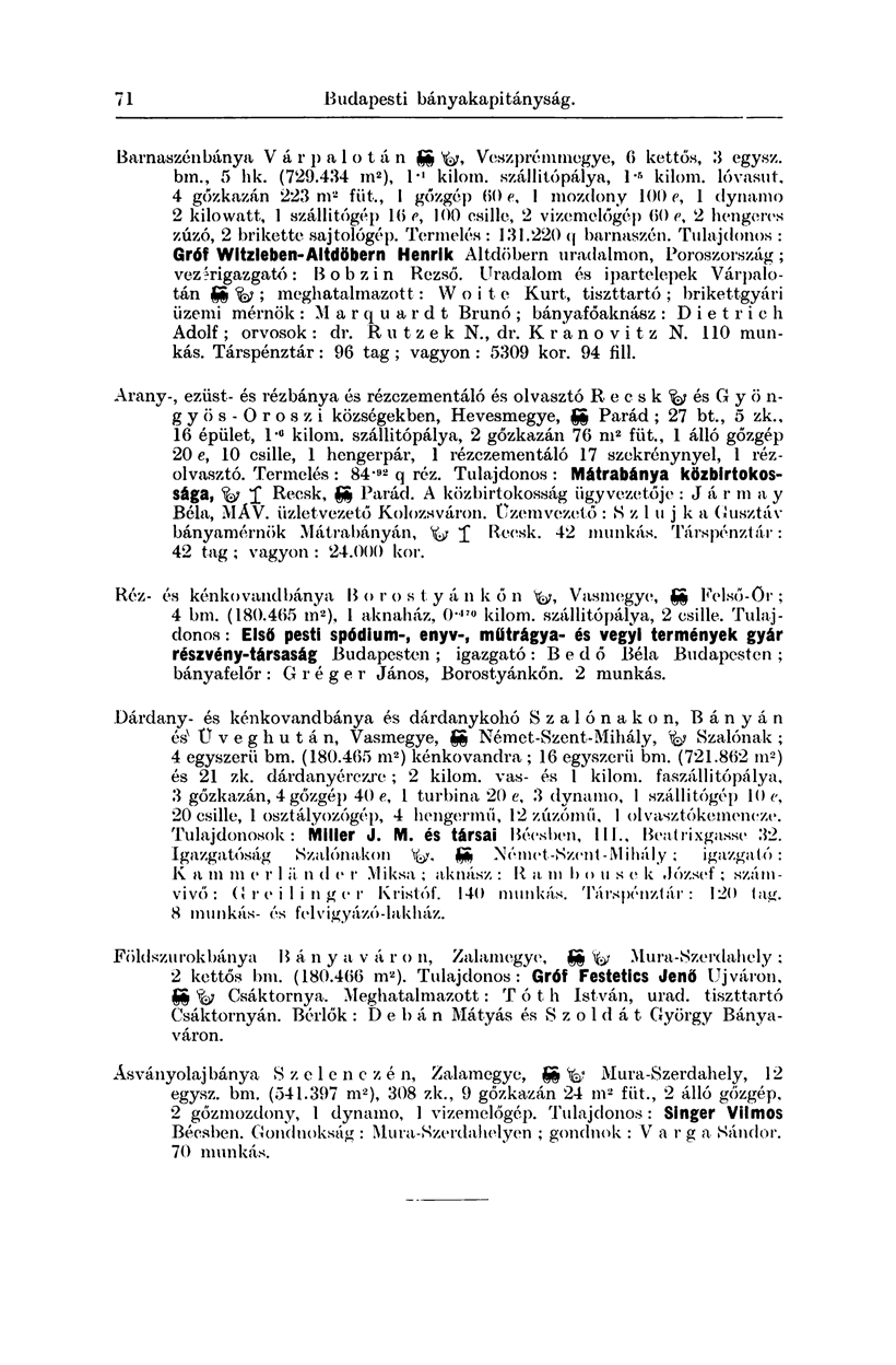 71 Budapesti bányakapitányság. Barnaszén bánya V á r p a 1 o t á n SS Veszprénimegye, 0 kettős, 3 egysz. bm., 5 hk. (729.434 m 2 ), l* 1 kilom. szállitópálya, l- fi kilom.