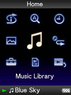 NWZ-S515/S516 Tárgymutató Home menü* NWZ-S615F/S616F/S618F * A kijelzőn megjelenő ikonok az Ön által használt modelltől függően változnak. Intelligent Shuffle Music Library Time Machine Shuffle.