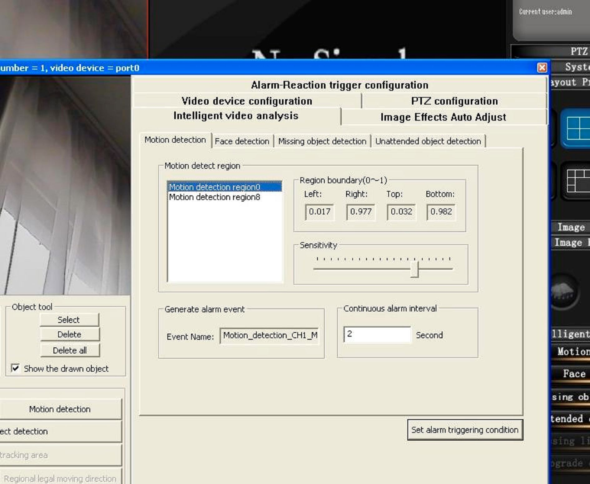 A jobb oldali képernyő részen Intelligent video analysis ( intelligens videó elemzés ) fül kiválasztása után a Motion detection ablak kiválasztása következik.