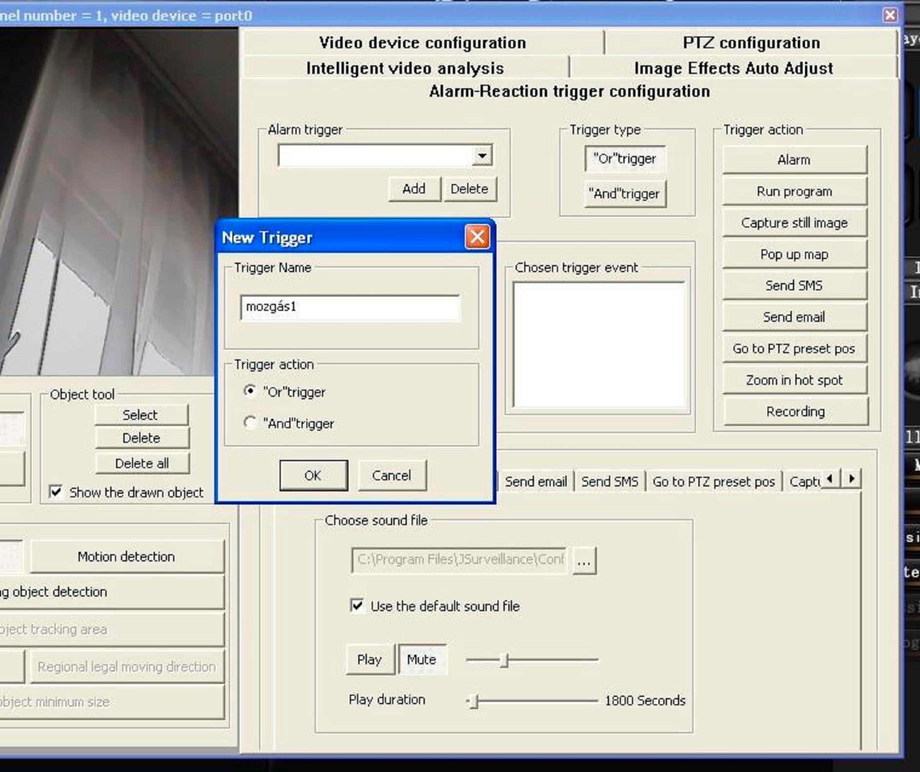 Alarm trigger (riasztás kiváltása) mező alatti add (hozzáad) gombot megnyomva a riasztási eseménynek nevet adhatunk (pl: mozgás1), leokézzunk.