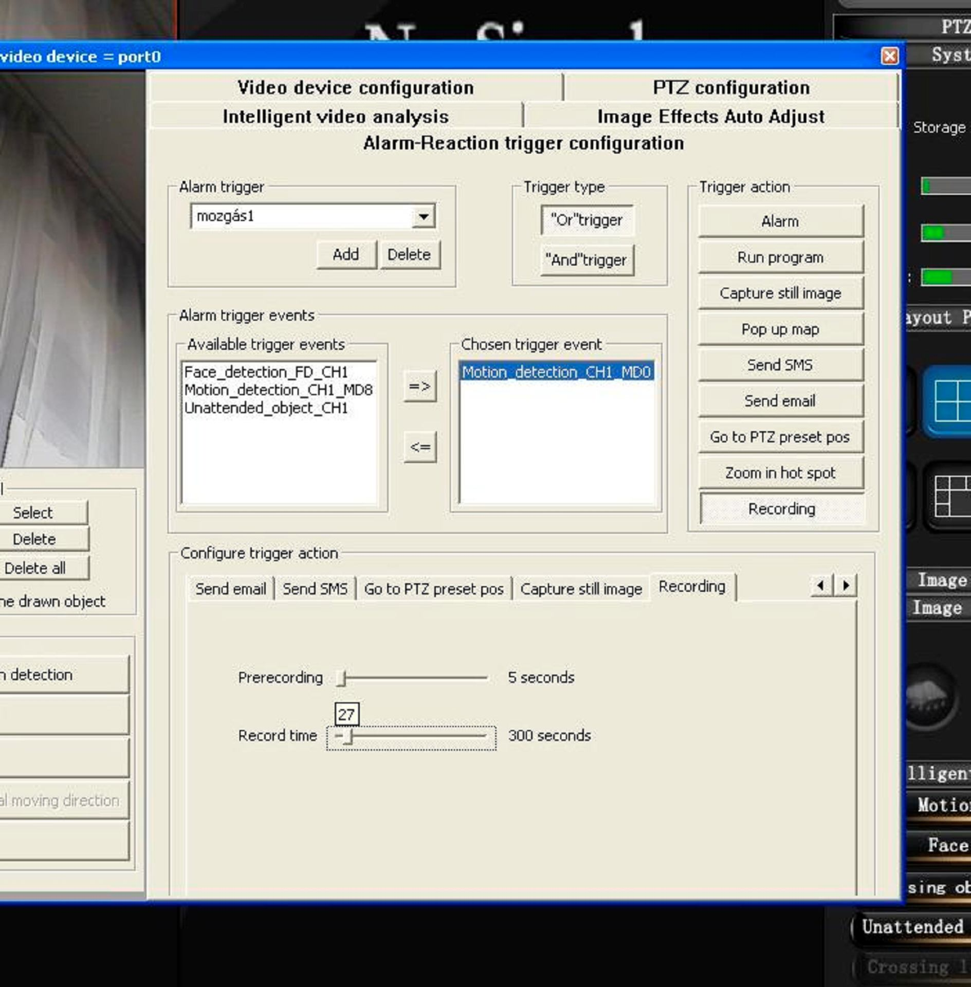 Majd lent is a Configure trigger action (kiváltó esemény beállítása) ablakban szintén a Recording fület kiválasztva be lehet állítani a riasztás előtti felvételi időt (Prerecording) és a felvétel