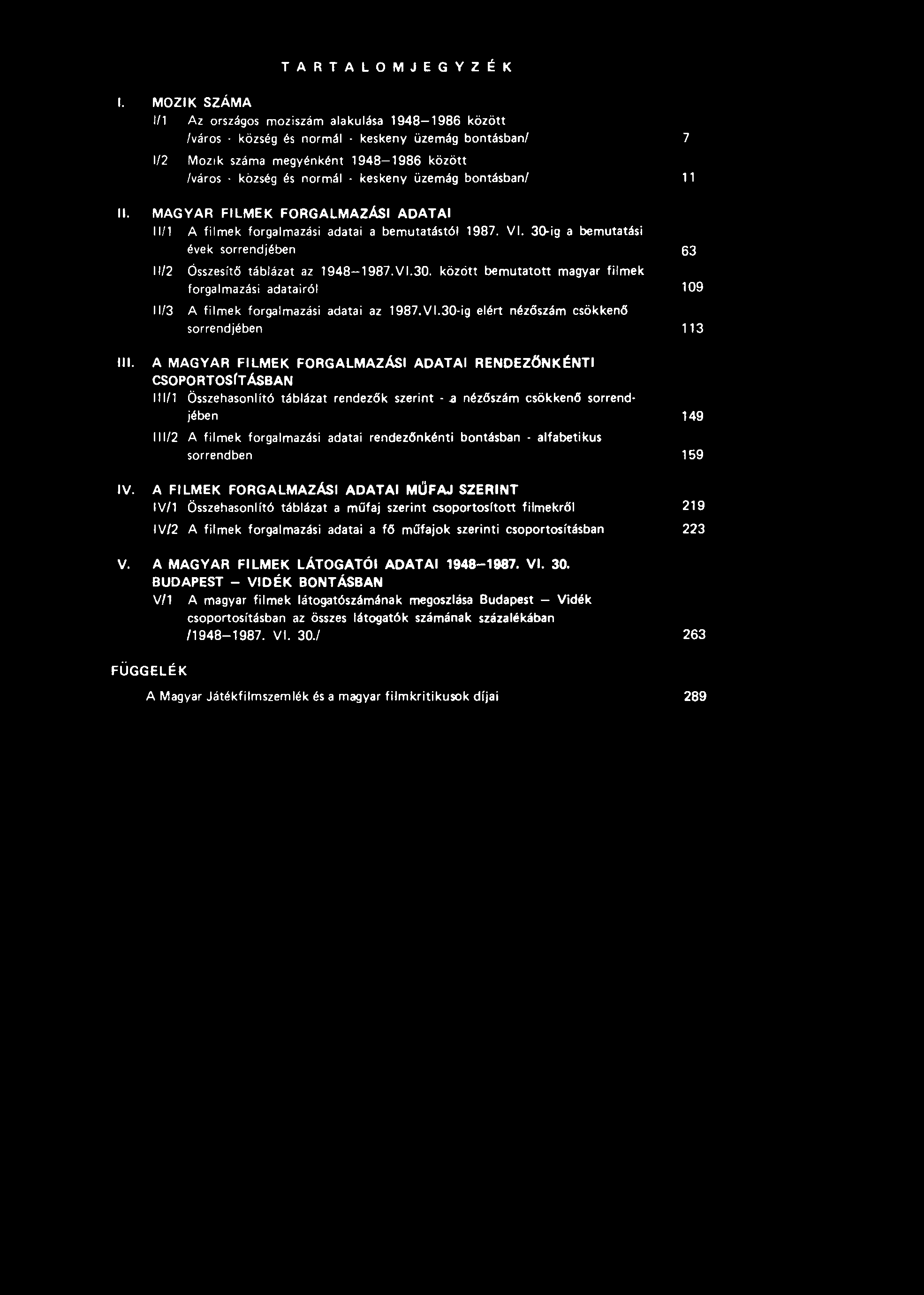 TARTALOMJEGYZÉK. MOZK SZÁMA l/l Az országos moziszám alakulása 1948-1986 között /város. község és normál. keskeny üzemág bontásban/ 7 1/2 Mozik száma megyénként 1948-1986 között /város.