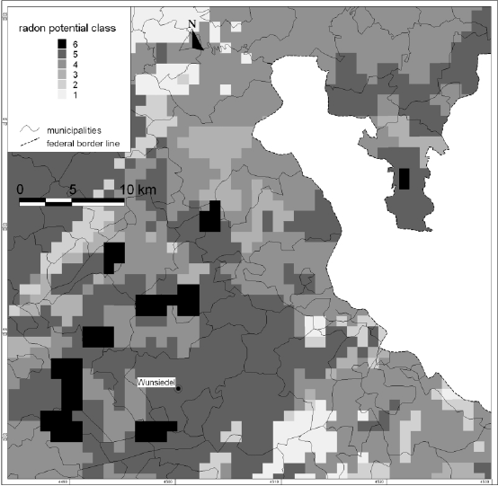 Radon térképezés - radonpotenciál Németország Talajgáz radonkoncentráció és talaj permeábilitás alapján kicsi (<10 kbq/m 3 ) közepes