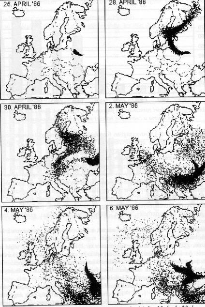 főleg nedves kiülepedéssel az akkori légköri viszonyoknak megfelelően elszennyezte Európa jelentős részét (3. ábra). 3.