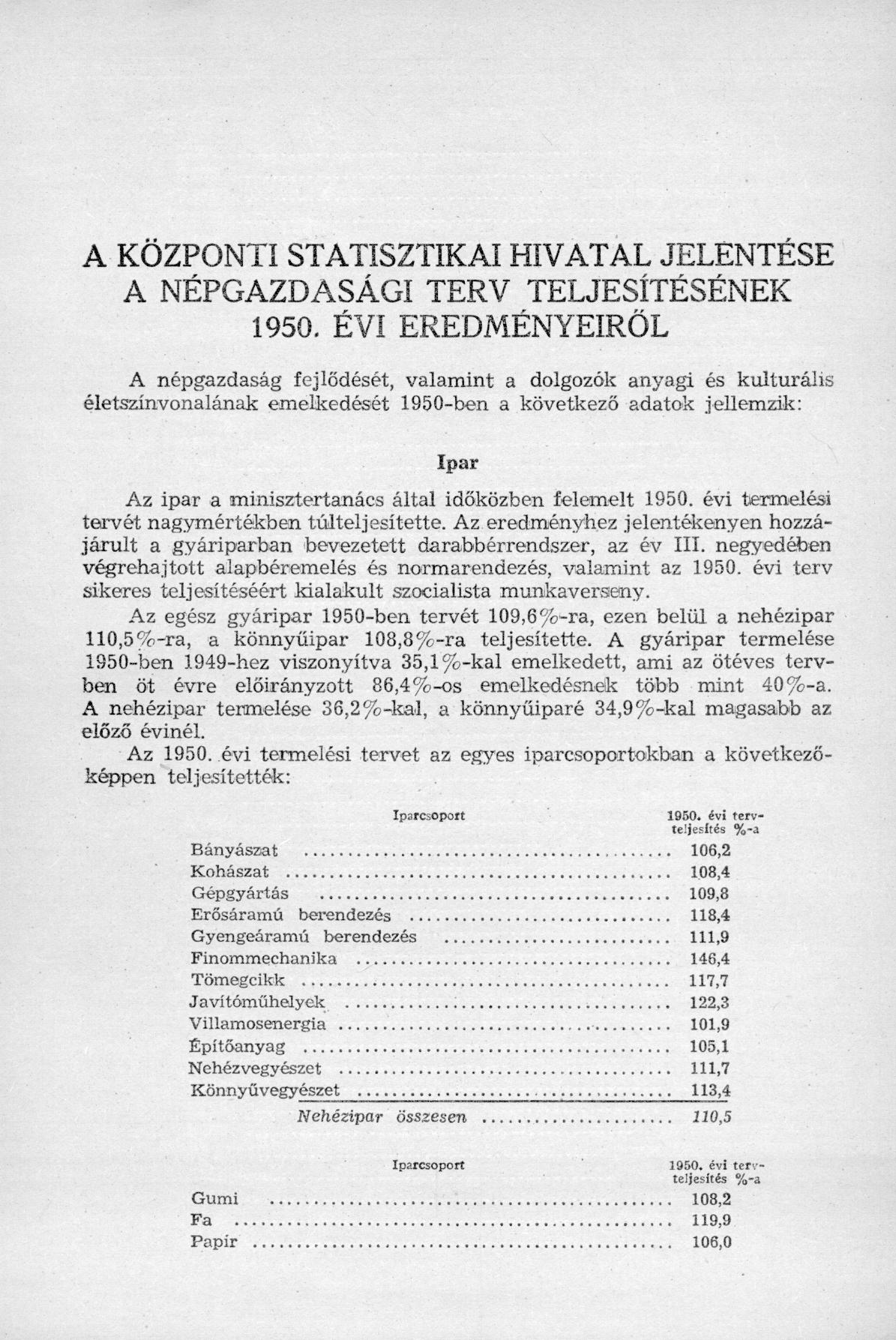 A KÖZPONTI STATISZTIKAI HIVATAL JELENTÉSE A NÉPGAZDASÁGI TERV TELJESÍTÉSÉNEK 1950.
