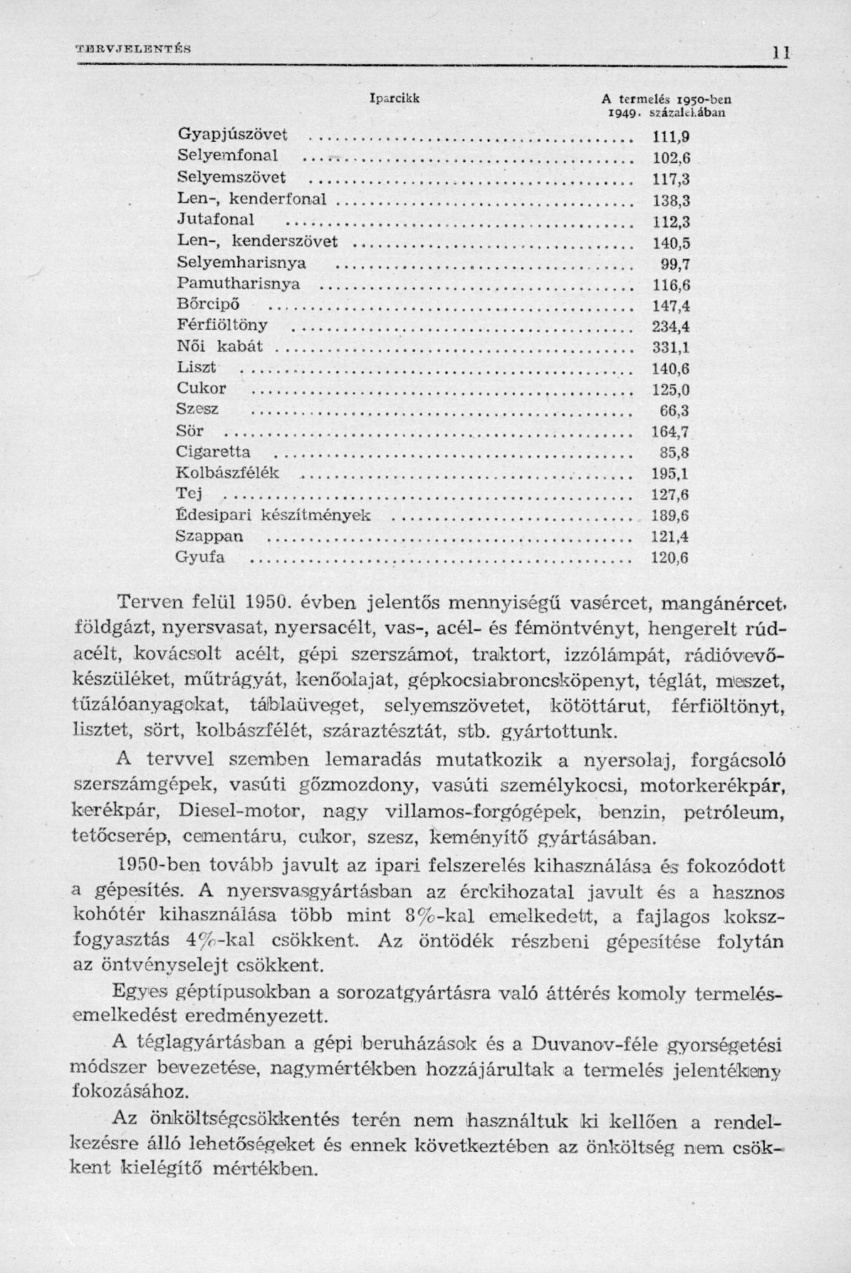 Gyapjúszövet Selyemfonal Iparcikk A termelés 1950-ben 1949.