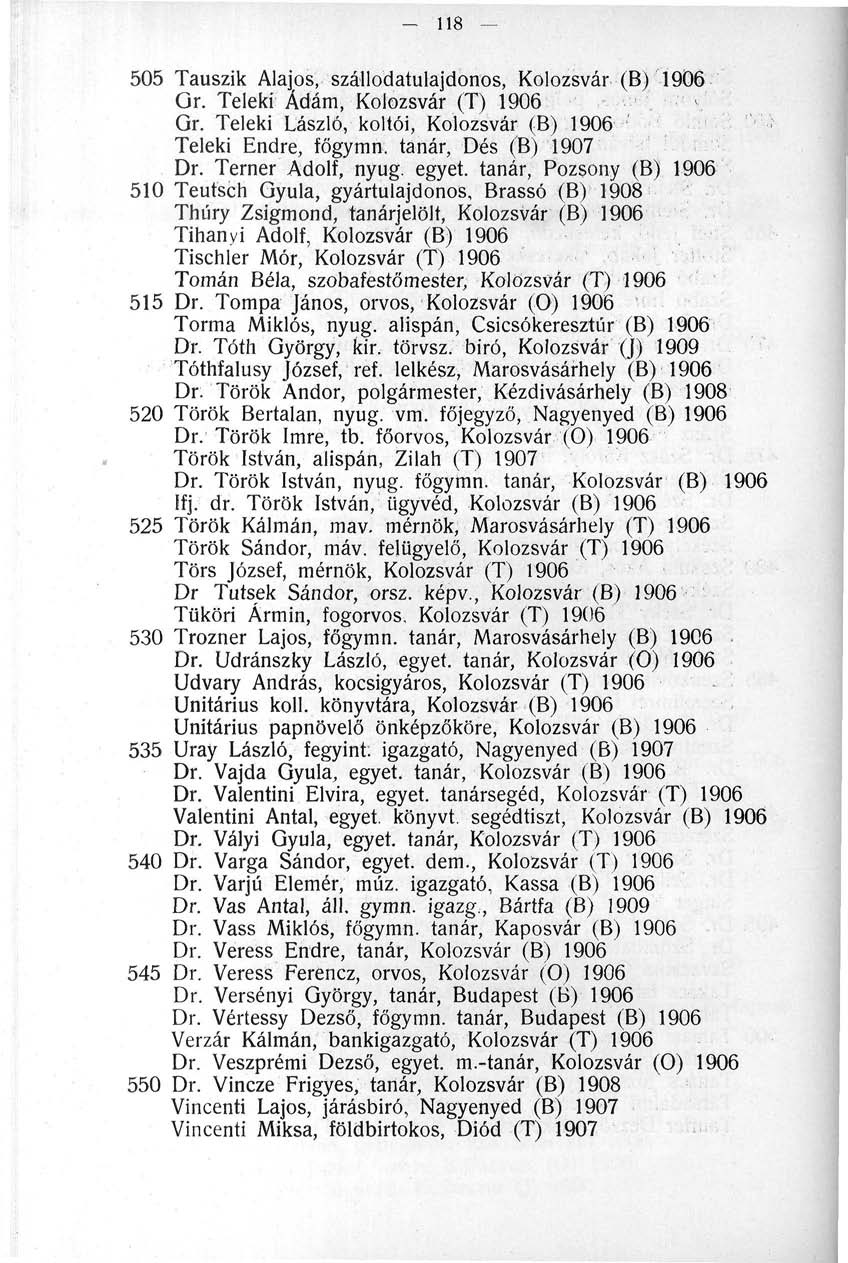 - 118 505 Tauszik Alajos, szállodatulajdonos, Kolozsvár (B) 1906 Or. Teleki Ádám, Kolozsvár (T) 1906 Gr. Teleki László, koltói, Kolozsvár (B) 1906 Teleki Endre, főgymn. tanár, Dés (B) 1907 Dr.