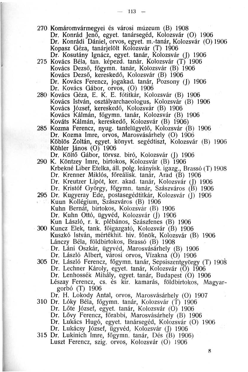 113-270 Komáromvármegyei és városi múzeum (B) 1908 Dr. Konrád Jenő, egyet, tanársegéd, Kolozsvár (0) 1906 Dr; Konrádi Dániel, orvos, egyet. m.-tanár, Kolozsvár (O) 1906 Kopasz Géza, tanárjelölt Kolozsvár (T) 1906 Dr.