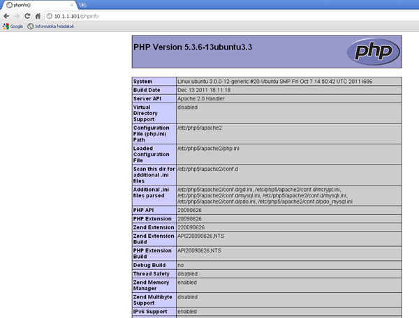 Ezután F2-vel mentsük el a fájlt phpinfo.php néven. Majd ha a böngészőnk címsorába beírjuk a szerver_ip_címe/phpinfo.php címet, akkor a következőhöz hasonló oldalt kell kapnunk.