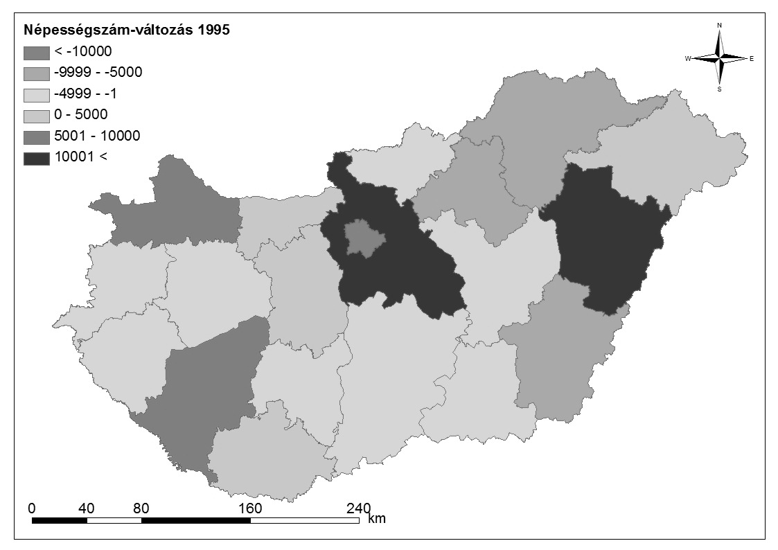 2.4. A megyék népességszám-változása A megyék népességszám-változás vizsgálata során 19 megyét plusz a fővárost tekintettem át, így a 20 területi egységből 4 esetében növekedett a népesség az eltelt