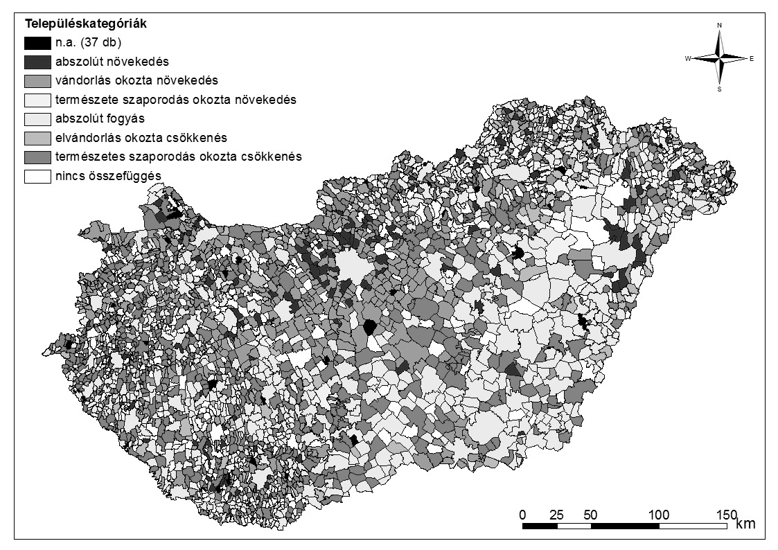 A 2. térkép 1990 és 2000 közötti népességszám-változás alapján történő kategória beosztást mutatja.