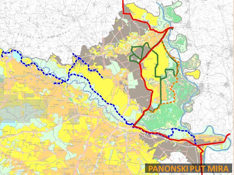 Horvát oldal: Eszék-Baranya Piros: Danube Route (EV6) Kék: tervezett
