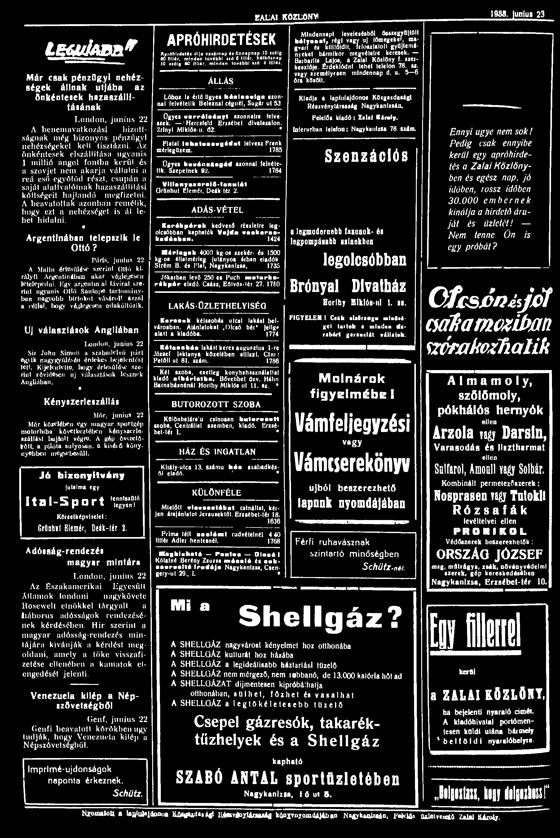SALAI KÖZLÖNY 1938.