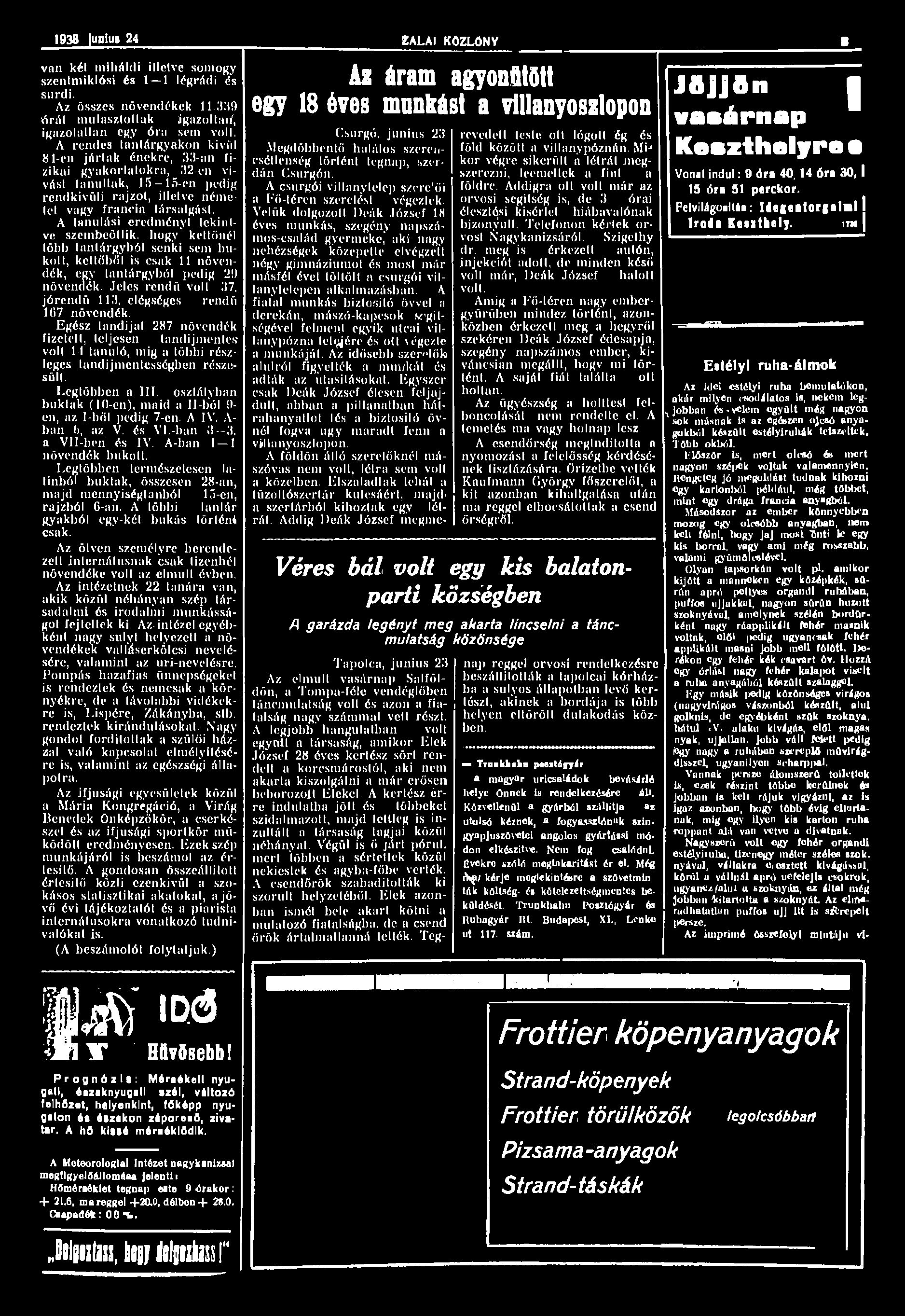 1938 junius 24 ZALAI KÖZLÖNY B Az áram agyonütött egy 18 éves munkást a villanyoszlopon van két miháldi illetve somogy szentmiklósi és 1 1 légrádi és surdi. Az összes növendékek 11.
