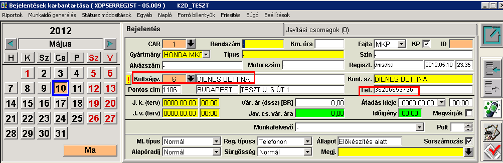 1.2. Szerviz előjegyzés Telefonszám előtöltés Szerviz előjegyzés modulban a költségviselő kiválasztását követően a rendszer előtölti a Telefonszám mező tartalmát az adott partner Partner karbantartó