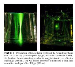 Egyfotonos és kétfotonos gerjesztés Miért jobb a kétfoton gerjesztés? -csak a fókuszban gerjeszt (femtoliternyi!