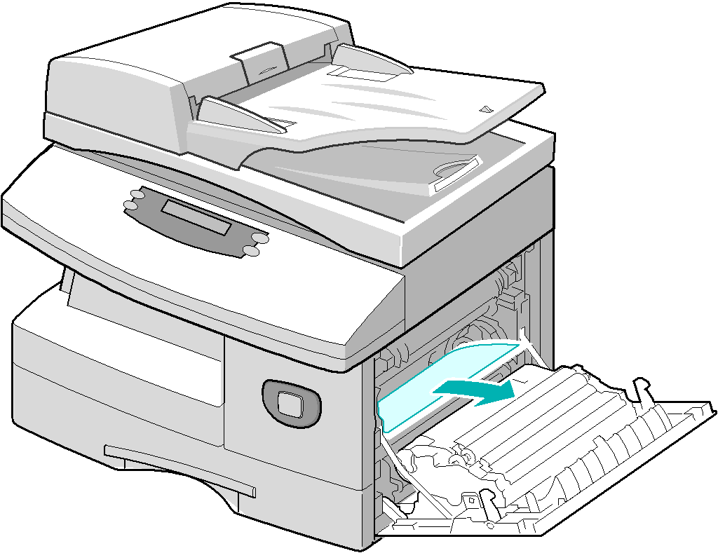 Hibaelhárítás Papírelakadások Papírelakadás esetén a kijelzőn a "Paper Jam" (Papírelakadás) üzenet jelenik meg, és az állapottérképen villog a papírelakadás vagy a papírtálca LED, jelezve a problémás
