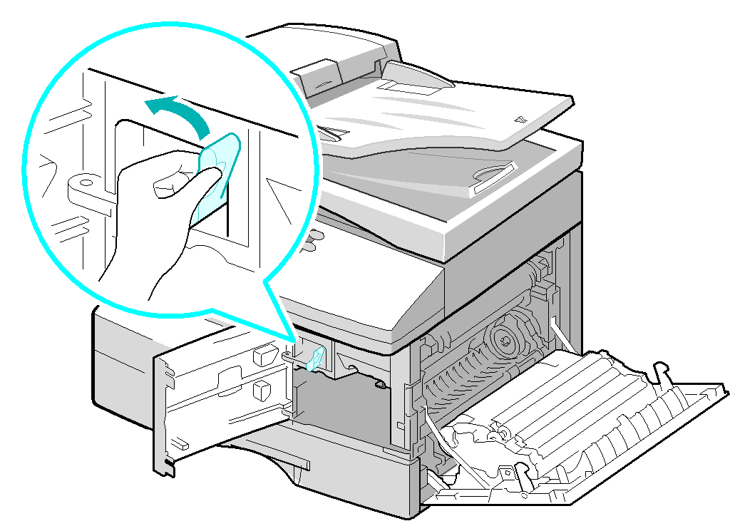 Hibaelhárítás 3 A papír eltávolításához fordítsa az elakadást megszüntető kart a nyíl irányába, hogy a papír kifelé haladjon. A papírt óvatosan húzza ki a kimeneti területen keresztül.