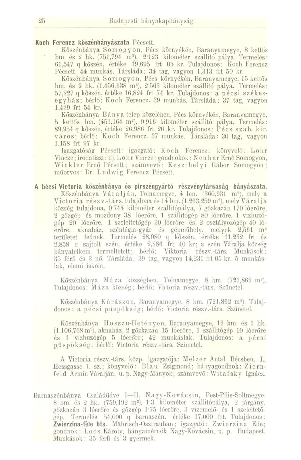 25 B u cl a > o s t i bá u y a k a p i l á 11 y sá g. Koch Ferencz köszénbányászata Pécsett. Köszénbánya Somogyon, Pécs környékén, llnranyamegye, 8 kettős Inn. és 2 hk. (751,794 m-).