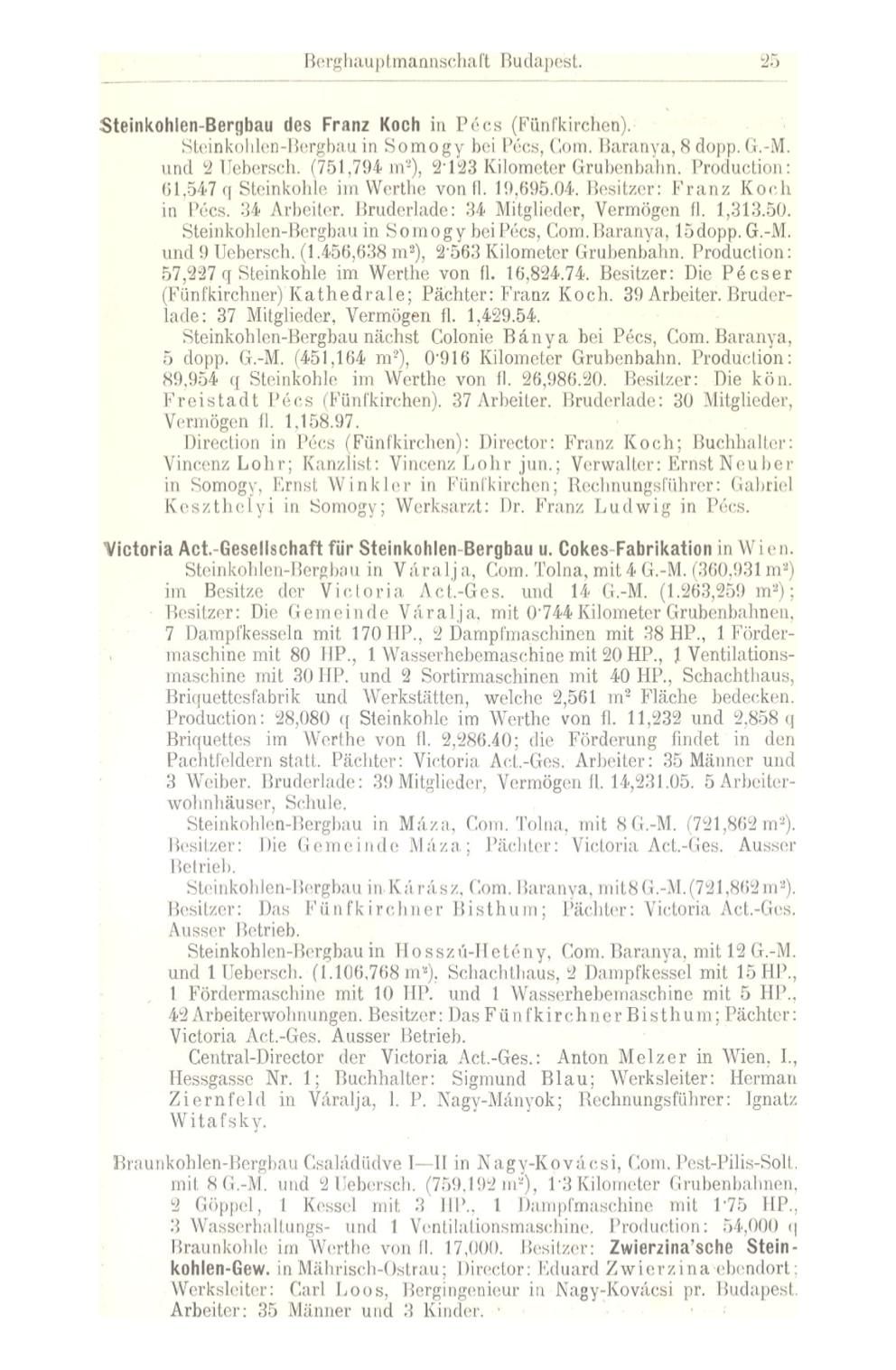 Borghauplmannschaft Budapest. 25 Steinkohlen-Bergbau des Franz Koch in Pees (Fünfkirehen Steinkohlen-Bergbau in Somogy bei Pécs, Com. Baranya, 8 dopp. G.-M. und 2 Uebersch.