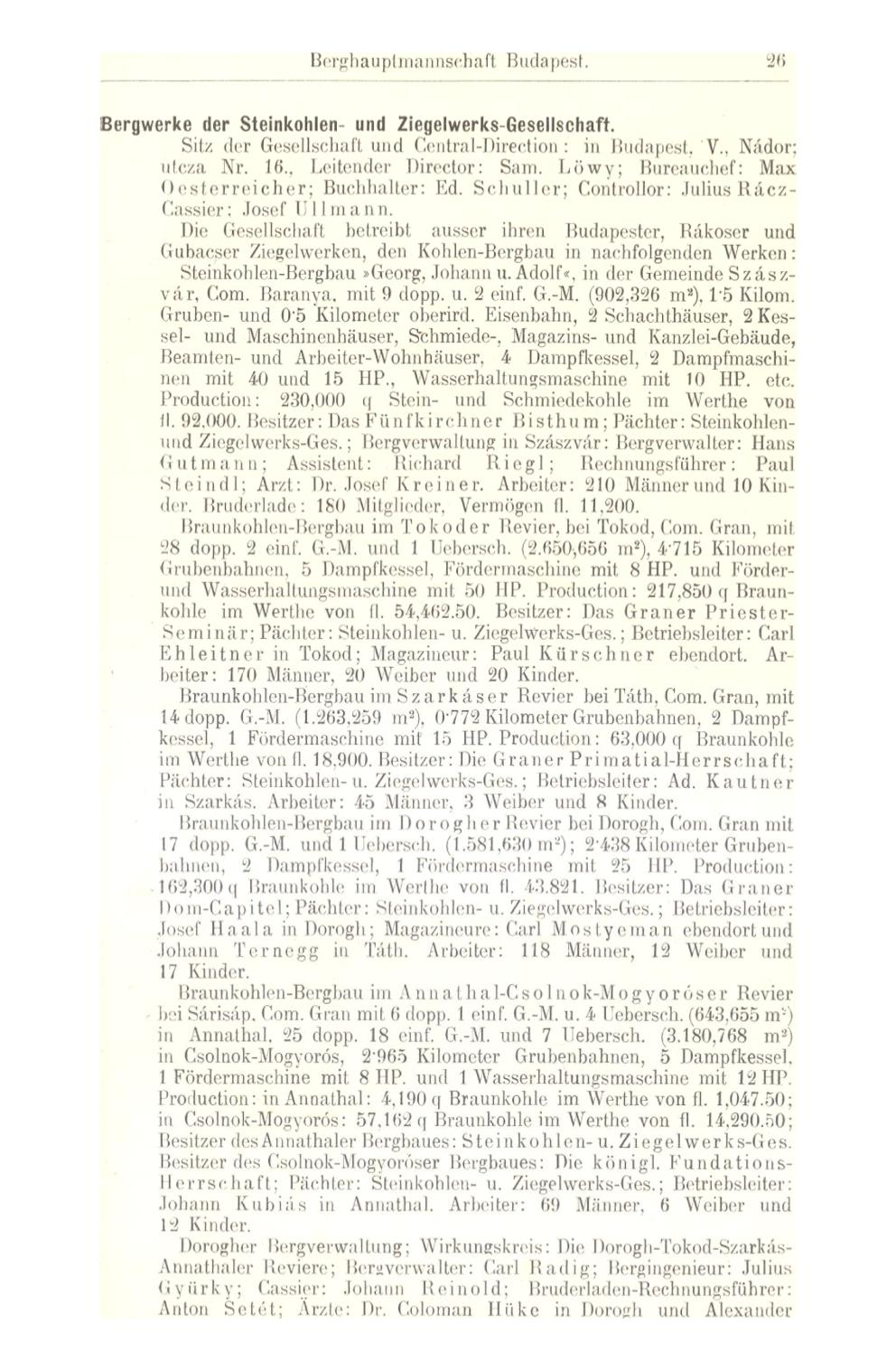 Berghauptmannschaft Budapest. 26 Bergwerke der Steinkohlen- und Ziegelwerks-Gesellschaft. Sitz der Gesellschaft und Central-Direction: in Budapest, V.. Nádor; utcza Nr. 16., Leitender Director: Sam.