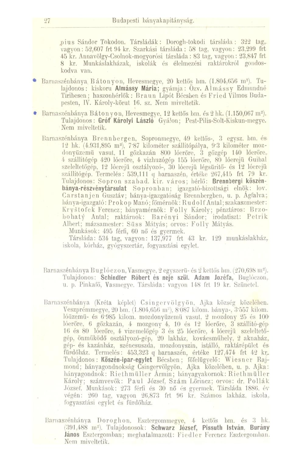 27 Budapesti 1 >á n y a k a p i 1 á n y sá g. pi us Sándor Tokodon. Társládák: Dorogh-lokodi társláda: 322 tag,, vagyon: 52,007 frt 94 ki-. Szarkási társláda: 58 tag, vagyon: 23.299 frt 15 kr.