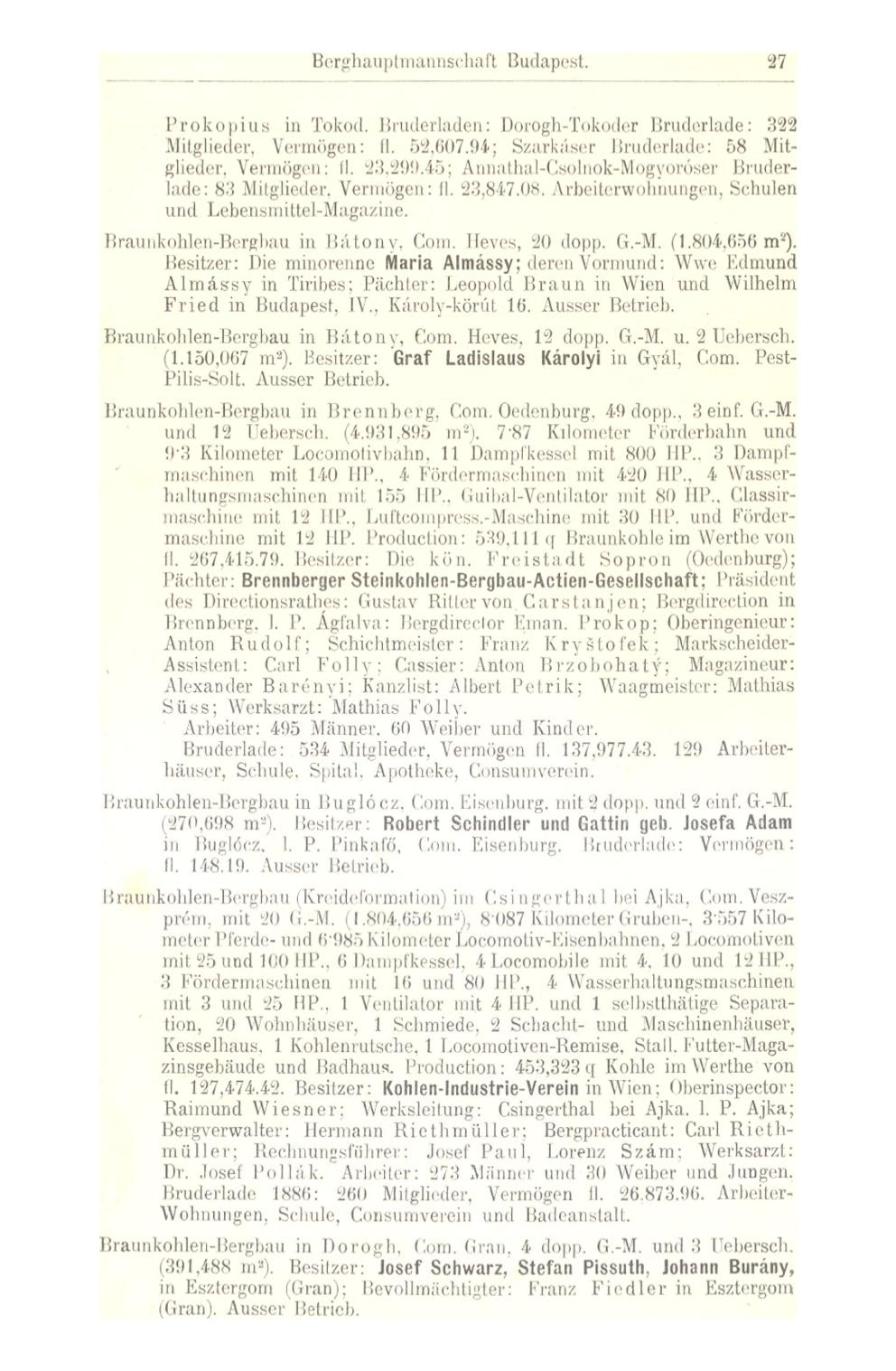 27 Prokopius in Tokod. Bruderladen: Dorogh-Tokoder Bruderlade: 322 Mitglieder, Vermögen: II. 52,607.94; Szarkáser Bruderlade: 58 Mitglieder. Vermögen: fl. 23,299.
