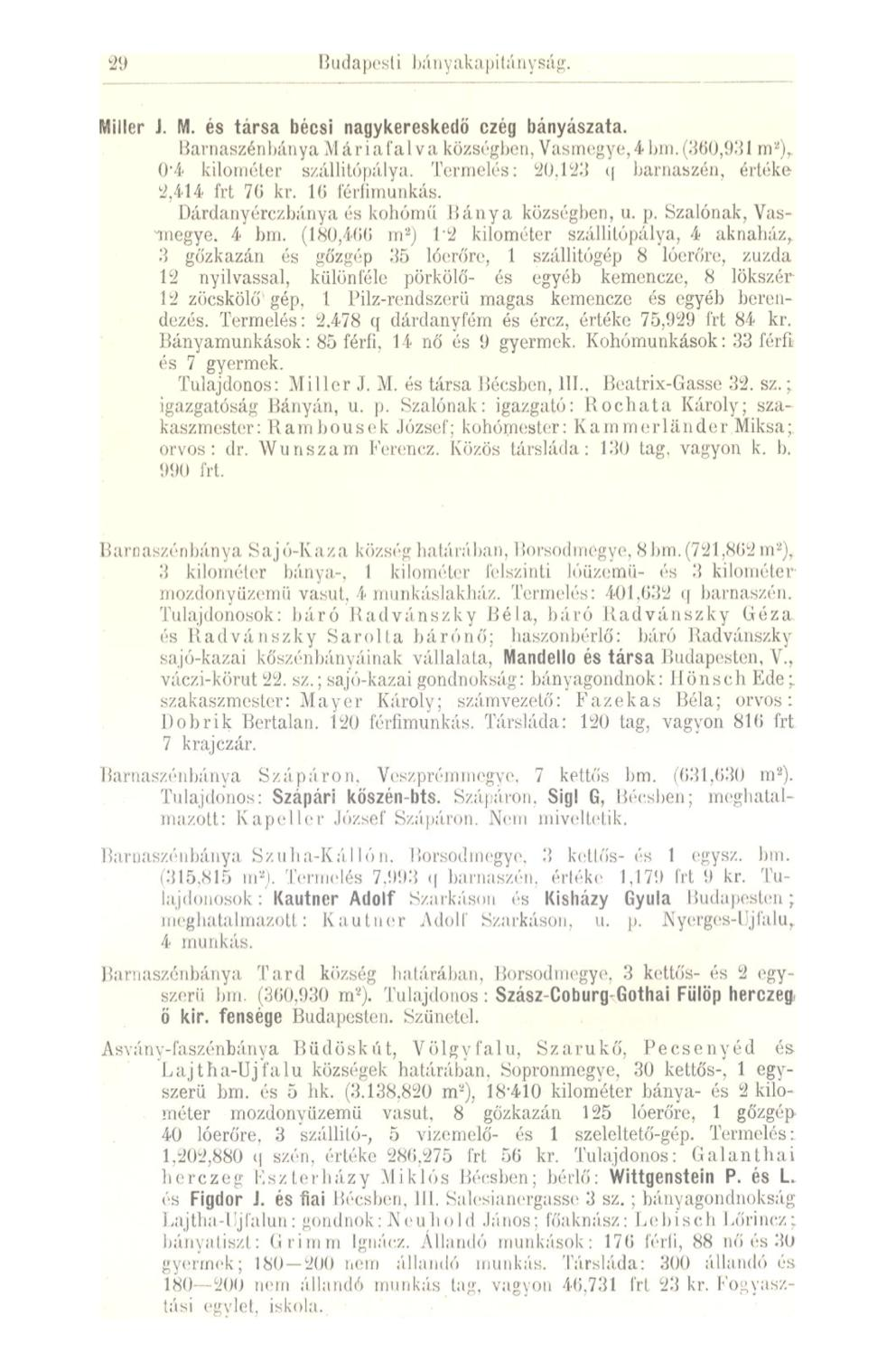 29 Miller J. M. és társa bécsi nagykereskedő czég bányászata. Barnaszén bánya M ária fal va községben. Vnsmcgye,4 bm. i 300,93 I in'-'l 0*4 kilométer szállitópálya. Termelés: 20.