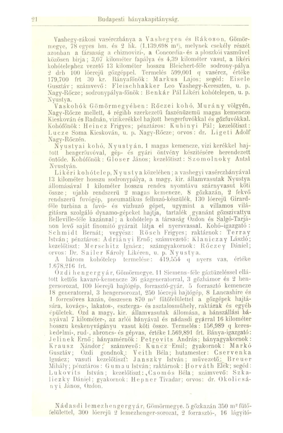 21 Bu cl a pesti bányakapi tány ság. Vashegy-rákosi vasérezbánya a Vashegyon és Bakoson. Gömörmegye, 78 egyes bm. és c 2 hk. (1.