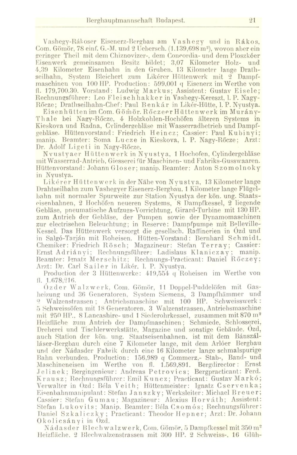 ßergliauptmannschaCt Budapest. 21 Y r ashegy-rakoser Eisenerz-Bergbau nm Vnshoü-y und in Bakos, Com. Gömör, 7«S einf. G.-M. und l 2 Feberseh. (1.