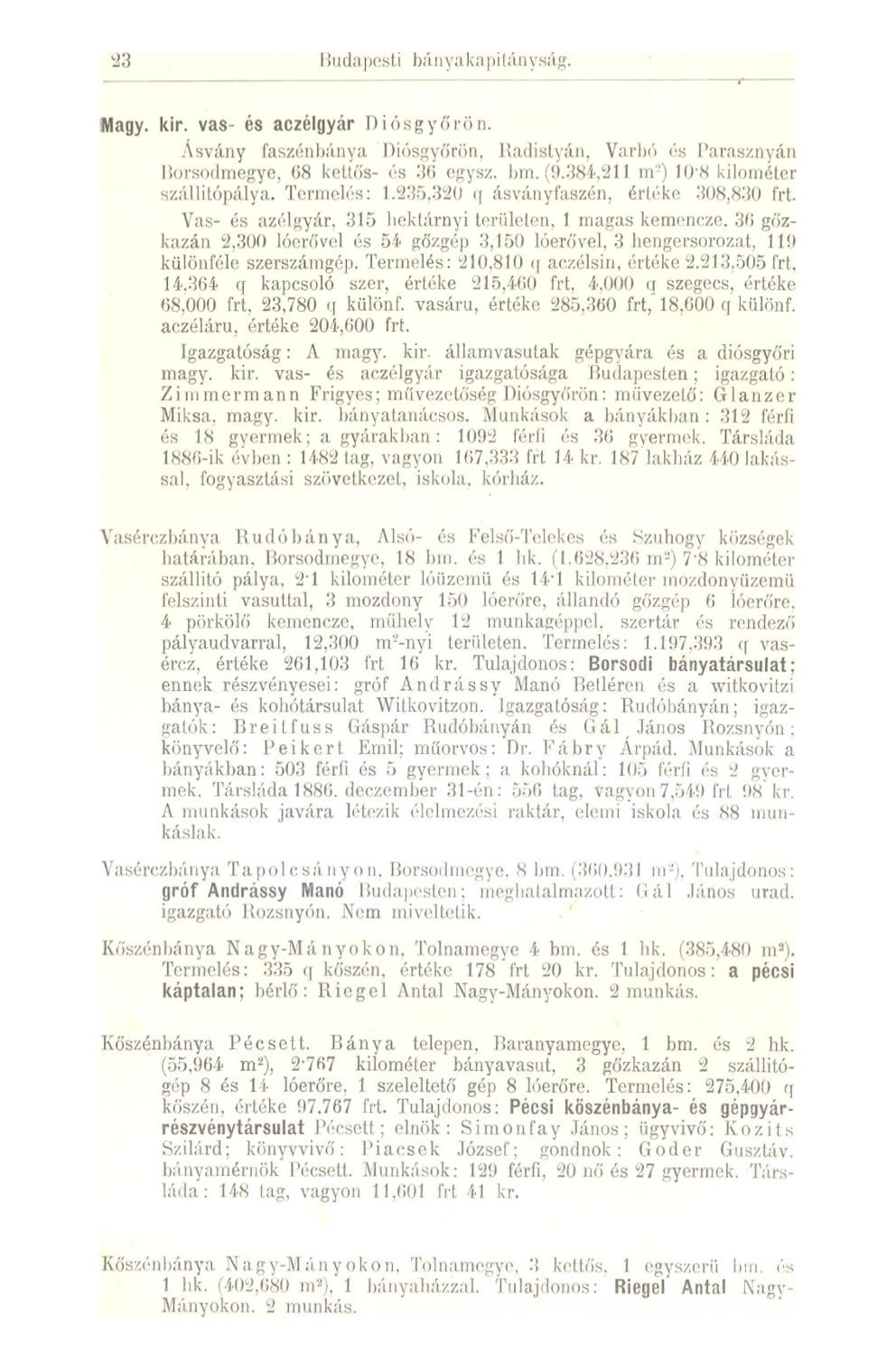 23 Budapesti bányakapitányság. Magy. kir. vas- és aczélgyár Diósgyőrön, Ásvány faszén hány a. Biósgvőrün, Badislván. Varbó és Parasznyán Borsodmegye, 08 kellős- és 30 egysz. bm. (9.
