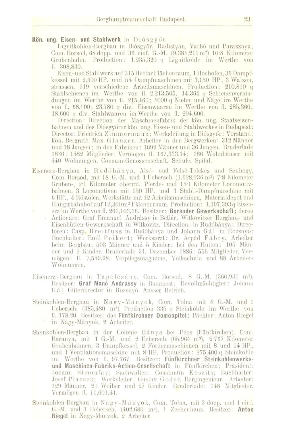 Berghauptmannschaft Budapest, 23 Kön. ung. Eisen- und Stahlwerk in Diósgyőr. Lignitkohlen-Bergbau in Diósgyőr, Badistyán, Varbó und Parasznya, Com. Borsod, 68dopp. und 36 einf, G.-M. (9.