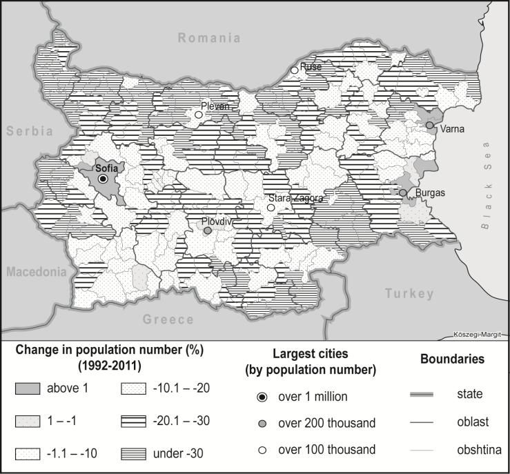 Margit Kőszegi higher rates of population decline within these municipalities. Figure 5. Changes in population number in the municipalities (obshtinas) of Bulgaria (1992-2011).