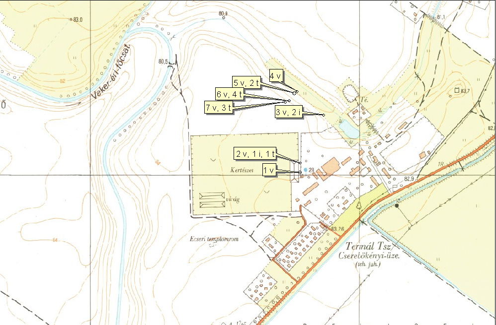 1. ábra. Topográfiai térkép a mintavételi pontokkal A termálvizet mintázni kell a kútból történı felszínre kerülése után, a tározó tóban és a tavat elhagyva a csatornában.