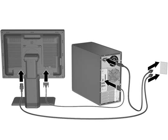 Gyors üzembe helyezés 5. lépés: A hálózati tápvezetékek csatlakoztatása Csatlakoztassa a tápvezetéket és a monitorkábelt az ábrán látható módon. Kapcsolja be a monitort, majd a számítógépet.