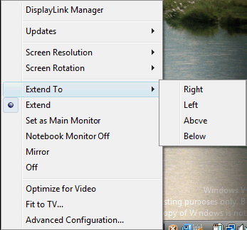3. USB-monitor működése Az egyes lehetőségek részleteit tekintse meg az alábbi táblázatban: Menü Leírás DisplayLink Manager Megnyitja a Windows megjelenítési beállítások ablakot.