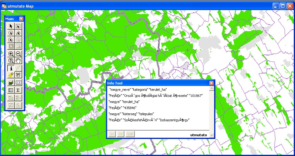 A térképi elemek lekérdezésére az eszközpaletta Info eszköze áll rendelkezésre, mellyel a megfelelő térképi elemre rámutatva lehet lekérdezni annak attribútumait.