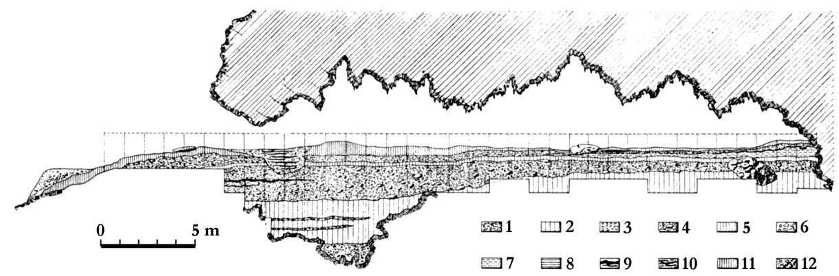 44. ábra A Szeleta-barlang rétegsora a hossztengely mentén (KADIĆ, 1915).
