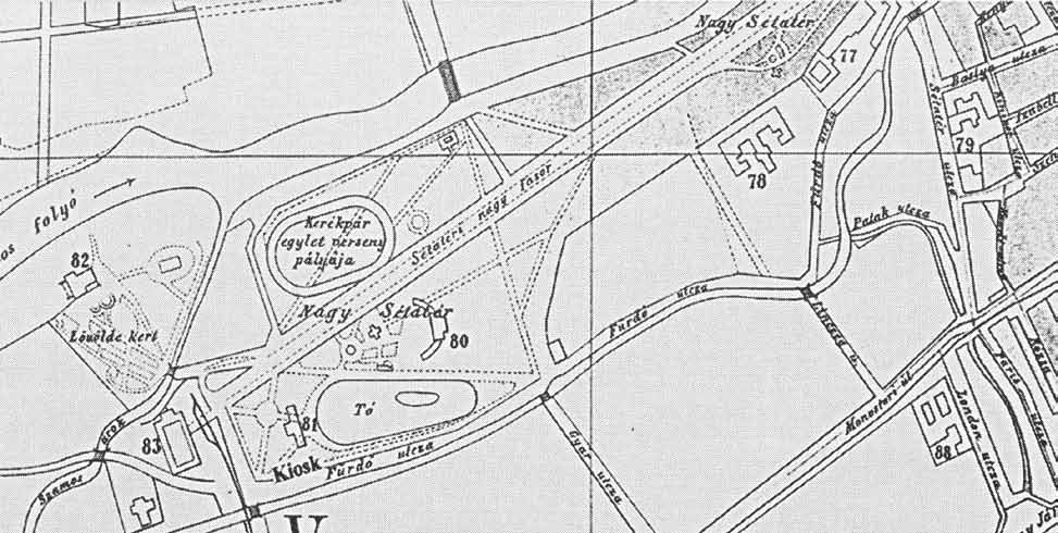 Sétatéri sportlétesítmények - 1898 A sétatéri tó partján a korcsolyapavilon (a térképen 81-el jelölve). A tó mellett, a Szamos parton, állott a kerékpárpálya.