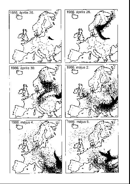 A szennyezés terjedése Európában a balesetet követő pár napban Cézium izotóp (Cs-137) Felezési idő: 30,1 év Agyagásványokhoz kötődve