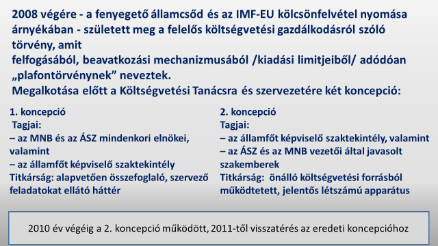- a másik szakmai kezdeményezés a költségvetési feszültségek leglényegesebb okát, a túlköltekezés megakadályozását helyezte középpontjába, és a nemzetközi gyakorlatban már sikerrel alkalmazott ún.