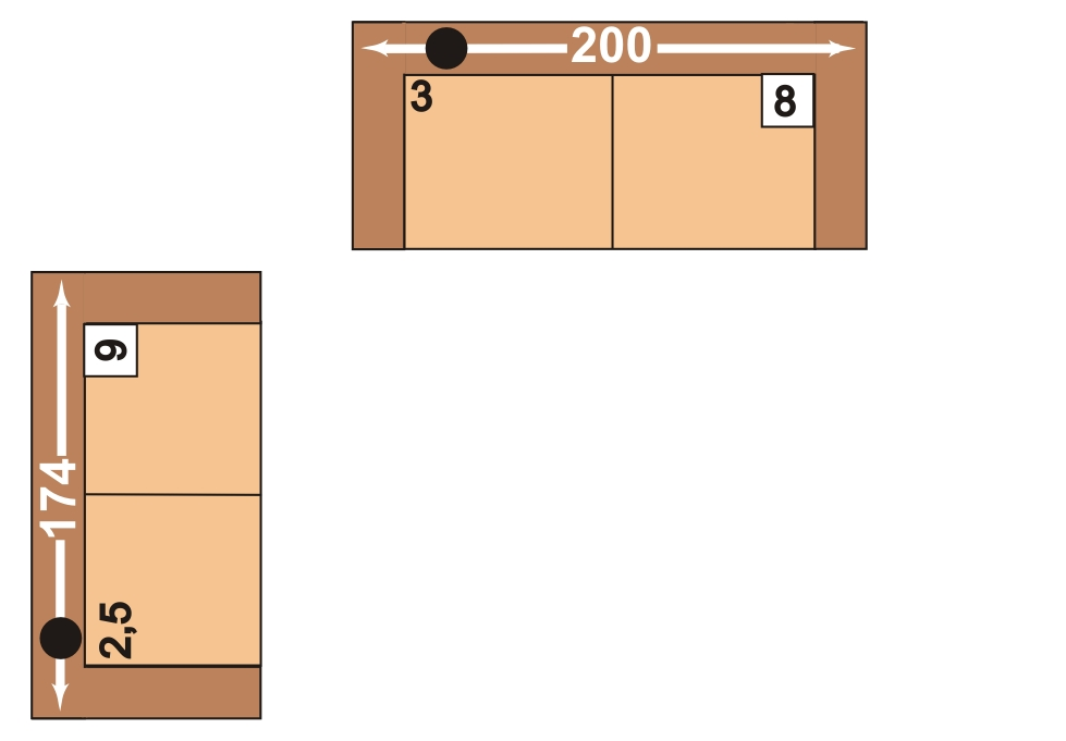 5 2L-S-2R 6 3AL-anR 2 L = 2-es ülőrész, kartámasz balra; S = Sarokelem; 2 R = 2-es ülőrész jobbra, kartámasz jobbra 3A L= 3-as ülőrész harántfekvéses